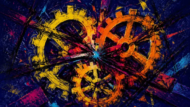 Jammed Momentum A gear train crushed into a tangled jam, representing urgency-dependent procrastination and an