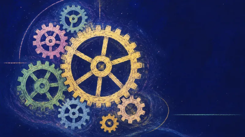 Self-Authored Rhythm An orderly gear train with evenly meshed wheels, symbolizing relief as meaningful starts restore a