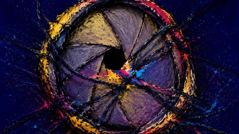 A distorted aperture diaphragm choked by tangled lines, representing prestige-driven career choices