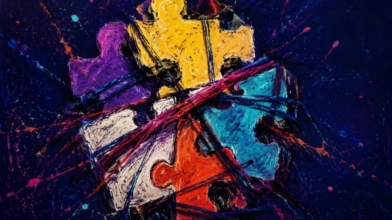 Puzzle Under Pressure A jigsaw puzzle buckles beneath tangled lines, representing mixed-signal hyper-analysis, unequal effort, and fear of asking for clarity.