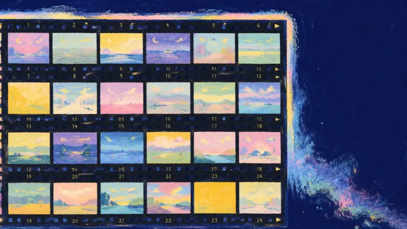 Reclaimed Sequence A restored contact sheet with evenly ordered frames, symbolizing freedom from social comparison and