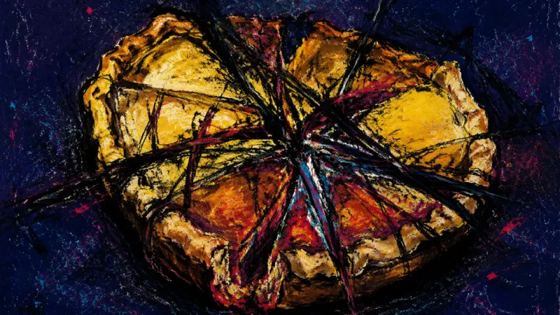 Portions Under Pressure A pie crushed into tangled, overlapping wedges, representing guilt and the repeated postponement of2