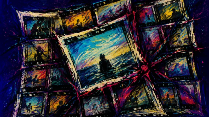 The Collapsed Record A distorted contact sheet bound by chaotic lines represents late-apology limerence, selective recall
