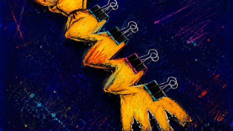 A necktie distorted by five binder clips, symbolizing a promotion that adds layered responsibility,,