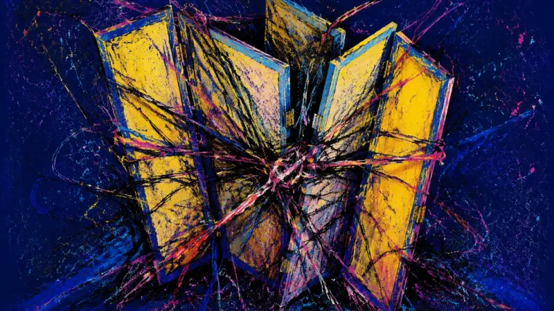 The Crushed Divider A room divider crushed by tangled lines, representing relational anxiety and the pressure of