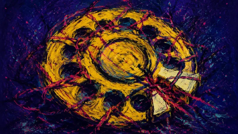 Dial of Compliance A distorted rotary dial bound by chaotic loops, representing nervous laughter and suppressed er.