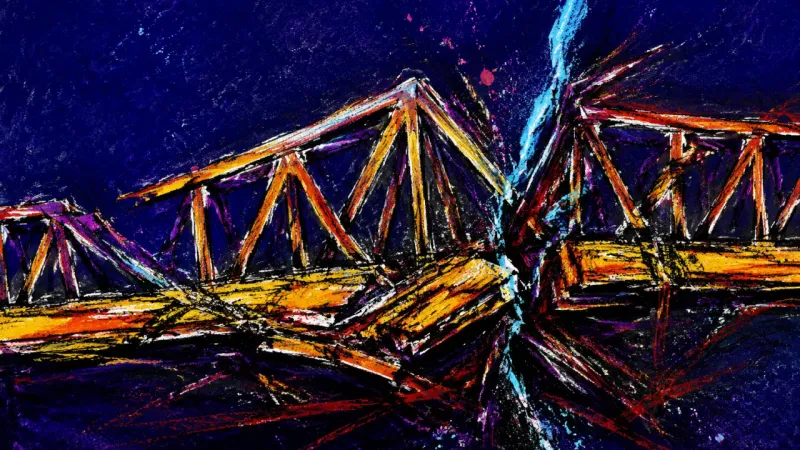 Bridge Under Compulsion A distorted truss bridge bound by chaotic lines, representing exhaustion and self-worth tied to over
