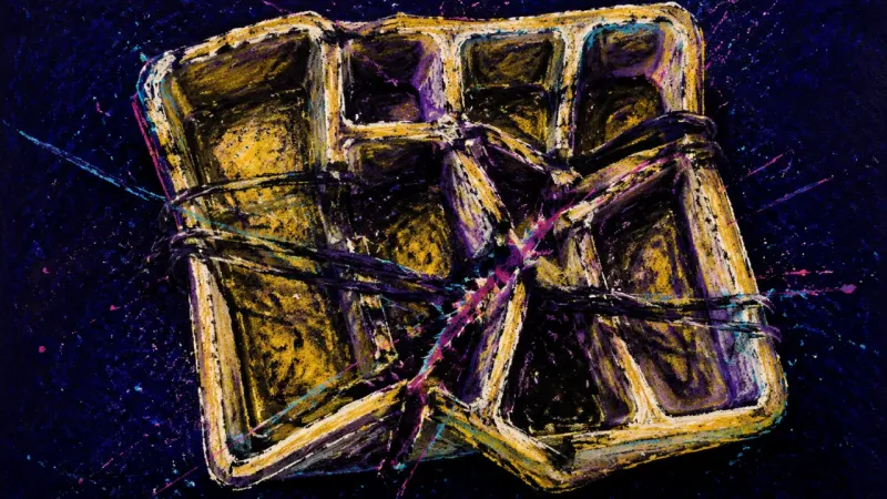 Compartment Collapse A distorted cutlery tray with crushed compartments represents existential procrastination turning_f