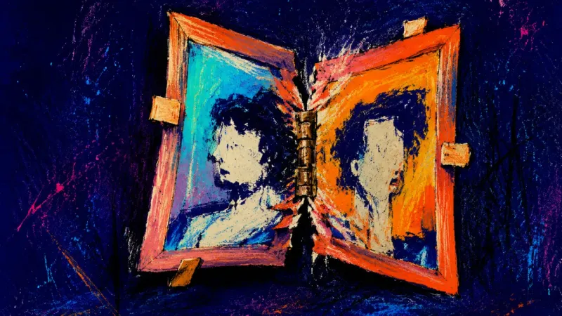 A double portrait frame forced past closure until its center buckles, symbolizing the strain of a