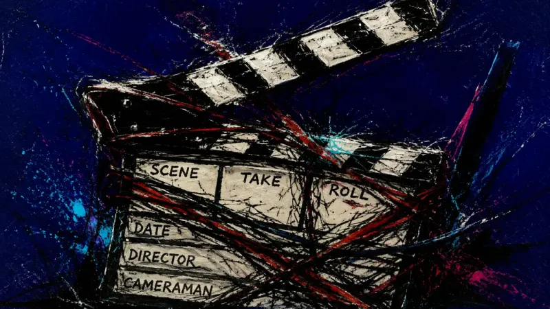 A crushed clapperboard bound by a dense tangle, representing relationship approval anxiety and the