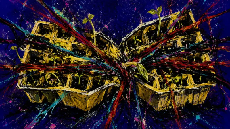 Continuity Uprooted A deformed seedling tray tangled by chaotic lines, representing compulsive self-reinvention and the