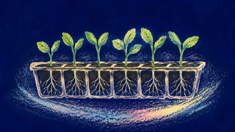 Continuity Takes Root A restored seedling tray with orderly cells and uninterrupted roots, representing lasting change led