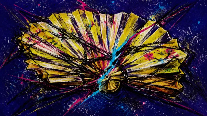 Crushed Horizon A folding fan crushed into a dense knot, representing commute burnout, stalled choice, and the pre