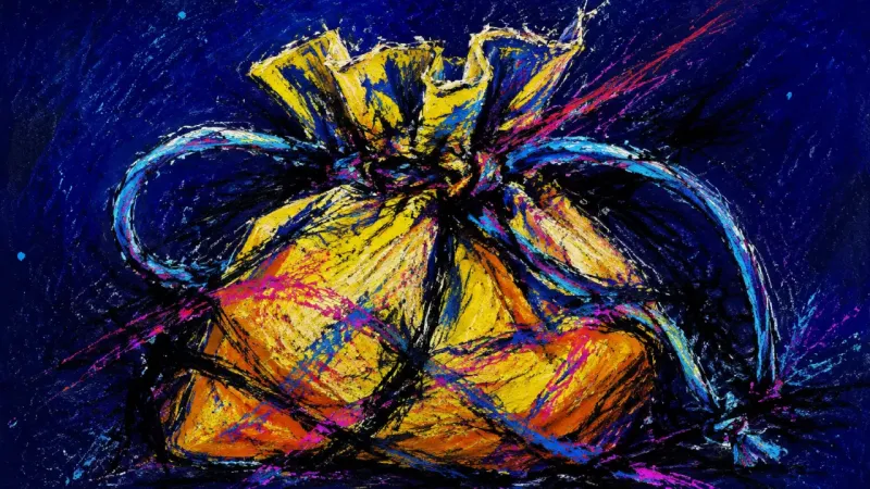 The Cinched Voice A crushed drawstring pouch bound by chaotic lines, representing automatic laughter, suppressed