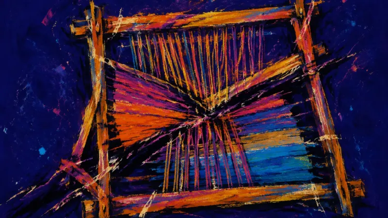 The Buckled Loom A distorted loom tangled into disorder, representing dating FOMO, weakened boundaries, and abandoned
