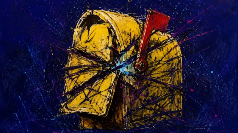 Crushed Correspondence A crushed mailbox bound by chaotic lines, representing perfectionism, fear of evaluation, and the