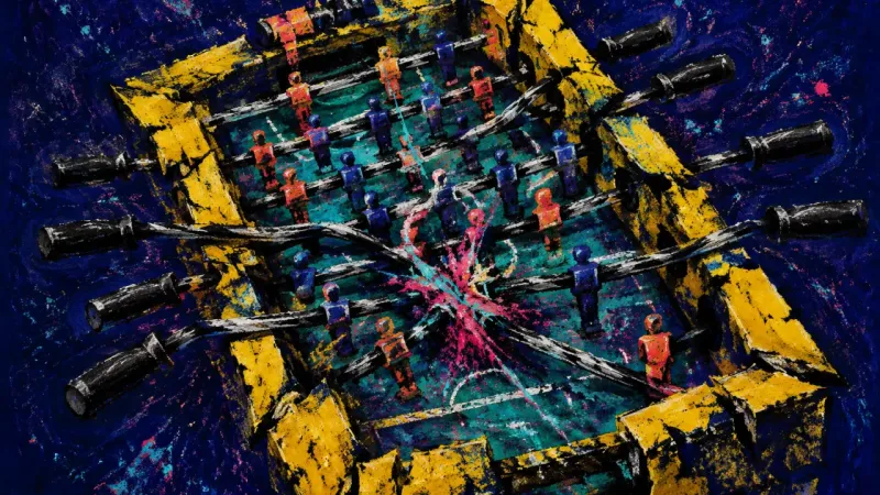 Crushed Playfield A foosball table crushed by crossing rods and knotted lines, representing the strain of parenting
