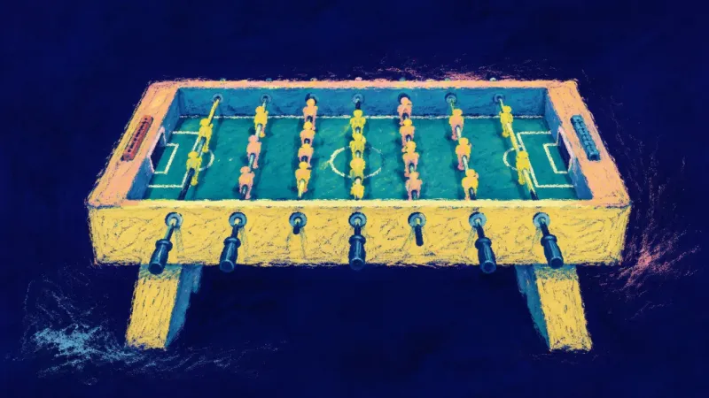 Shared Ground Restored A restored foosball table with orderly player rows, representing equal friendship, clear boundaries,