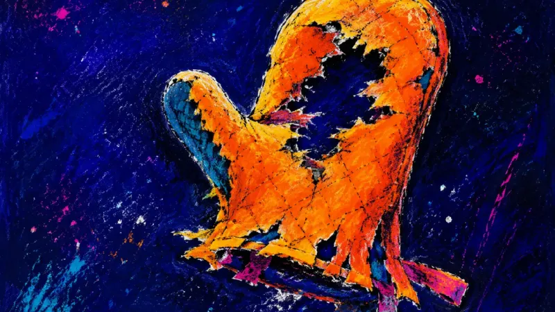 A torn oven mitt with its stitched sections picked open, symbolizing exhaustion from absorbing and，