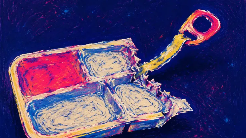 The Unclaimed Evening A sealed meal tray crushed into itself, symbolizing another personal evening surrendered to
