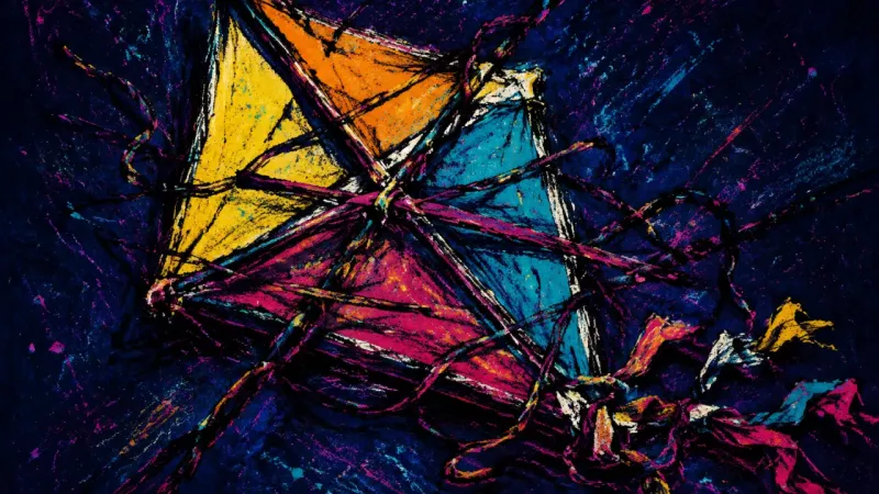 The Constricted Kite A collapsed kite trapped in tangled lines, representing career stagnation caused by prestige, sunk