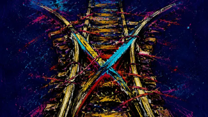 Junction Under Siege A railway switch crushed into competing routes represents spiritualized choice paralysis and the.