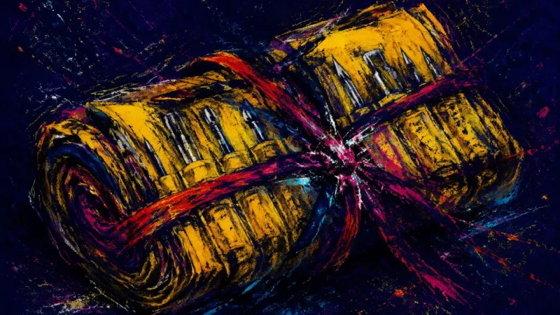 Tools Under Verdict A compressed tool roll trapped in tangled lines represents portfolio perfectionism, withheld work,