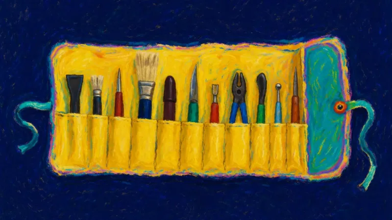 Tools in Circulation Portfolio perfectionism gives way to balanced action as an ordered tool roll represents work shared