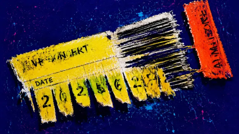 Advance Admission A concert ticket gouged through its future date and barcode, symbolizing a vague dating text