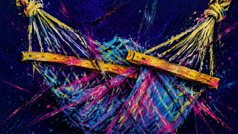 A violently tangled hammock represents career FOMO, recovery avoidance, and the oppressive loss of p