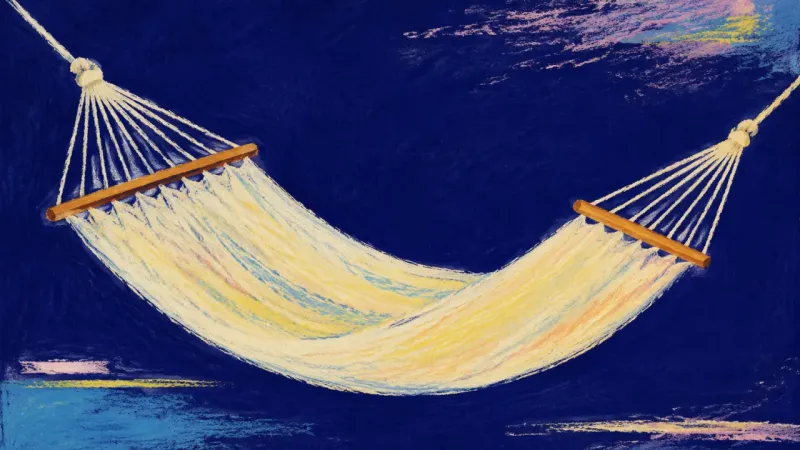 A restored, evenly unfurled hammock represents career FOMO resolved through deliberate rest,selectiv