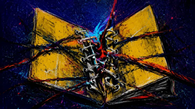 Binder Under Verdict A distorted ring binder trapped in tangled lines, representing school application procrastination,