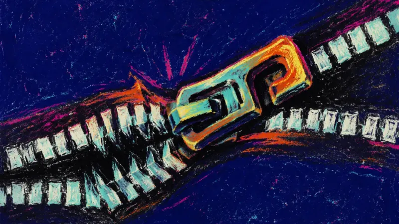 Permission Caught Midway A coat zipper forced backward through joined teeth, symbolizing how moving home can pull an adult in