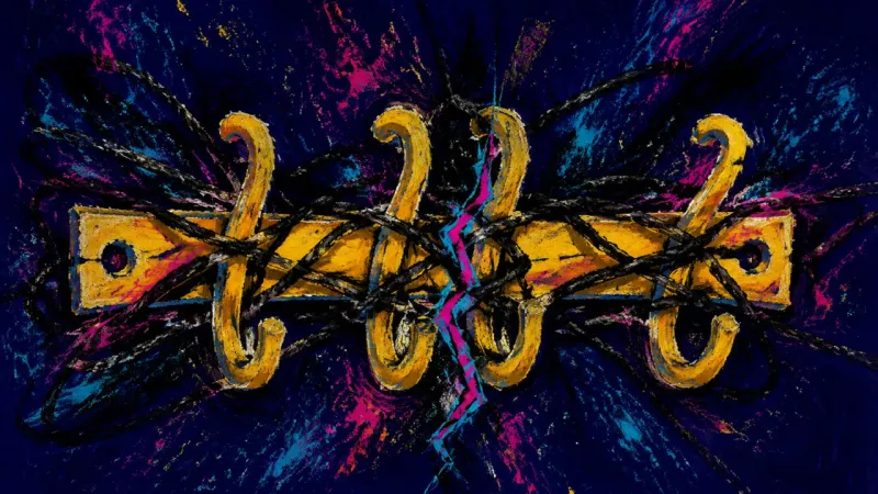 Hooks of Compliance A crushed coat rack tangled in dense lines, representing adult autonomy suppressed by inherited f