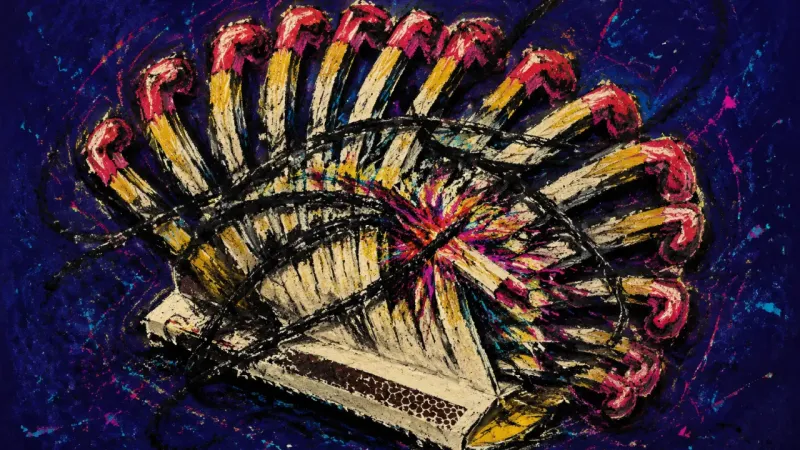 A crushed matchbook tangled into competing starts, representing self-help overload and an oppressive