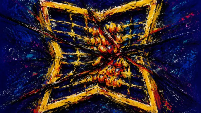 The Rigged Count A distorted abacus crushed by tangled lines, representing guilt-based self-abandonment and lost co