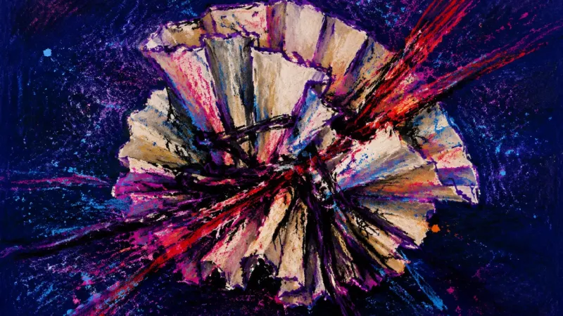 Filter Under Siege A crushed coffee filter bound by chaotic lines, representing self-help choice paralysis and the pres