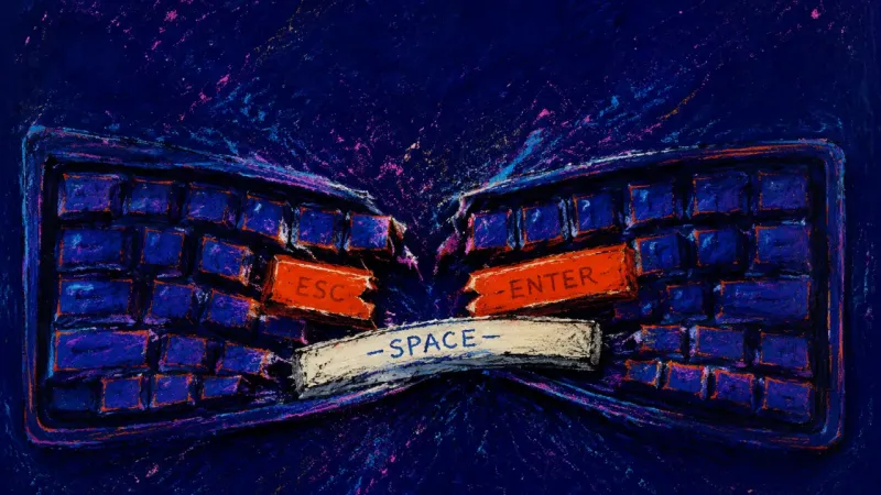No Space Left A crushed keyboard with Escape, Enter, and space keys jammed together, symbolizing work that consume