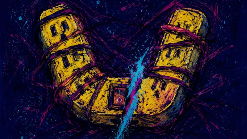 Capacity Under Siege A distorted power strip choked by tangled lines, representing productivity guilt, depleted evenings,