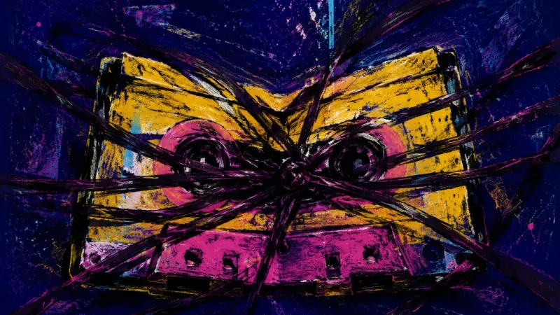 Silenced Playback A cassette crushed beneath tangled bands, representing self-silencing, mind-reading, and the