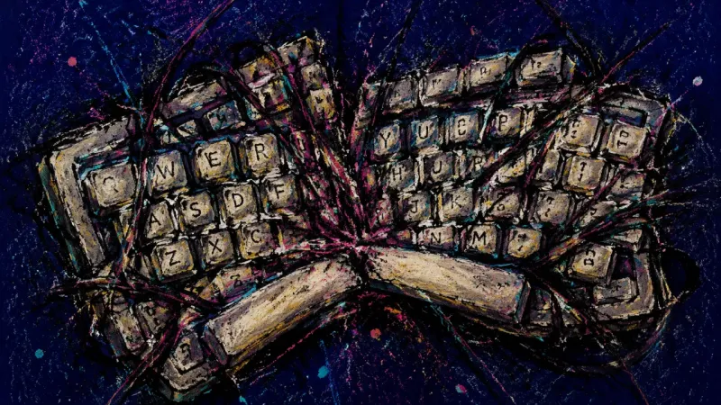 Space Barred A keyboard compressed into tangled rows with its space bar trapped, symbolizing productivity guiltan