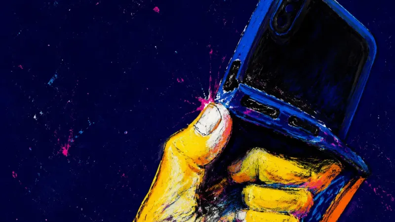 A hand pries and crushes a phone case, symbolizing the tense self-erasure of suppressing a