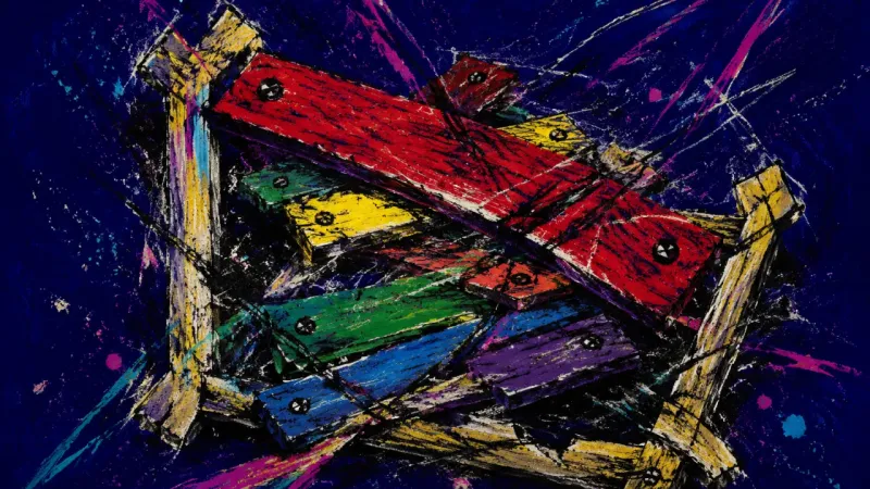 A crushed xylophone bound into one chaotic stack, representing friendship people-pleasing,