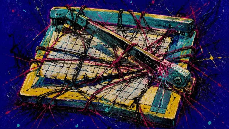 Defence Without End A distorted paper trimmer bound by tangled lines represents approval-seeking and the pressure
