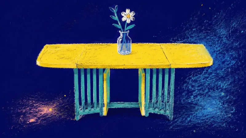 The Table Arrives A restored drop-leaf table with an orderly outline, representing grounded participation in the daily