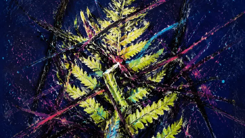 Arrested Unfurling A crushed fern frond bound by chaotic lines, representing postponed belonging and the strain of ���