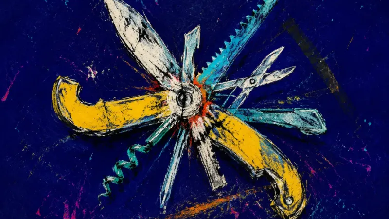 Compulsory Utility A pocket multitool jammed open at every hinge, symbolizing the exhaustion of being expected to solve