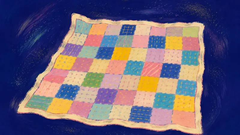 Pattern Reclaimed An unfolded quilt with balanced patches, representing family-role burnout resolved through sharedy9