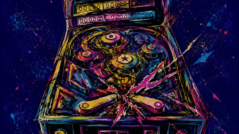 A deformed pinball machine is trapped in repeating loops, representing dating-app compulsion,