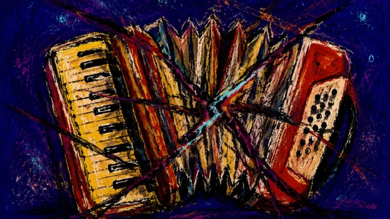 A crushed accordion choked by crossing lines, representing apprehension and self-silencing while a 